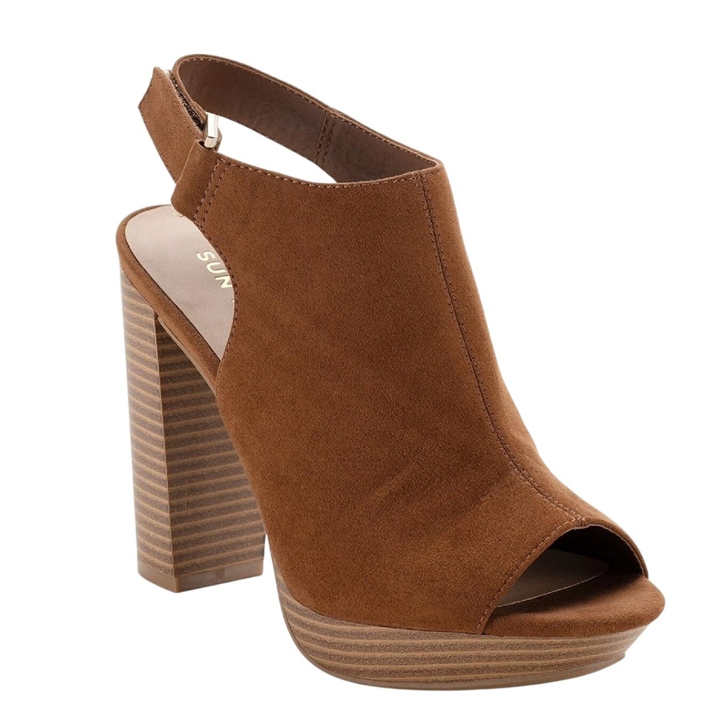 Sun + Stone Womens Rebeccaa Microsuede Sling Back Heels Brown Block‎ Heel Size 8